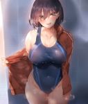  1girl :d absurdres bababababan bangs bare_shoulders black_hair blush breasts collarbone commentary_request covered_nipples grey_eyes hair_between_eyes hair_over_eyes highres hip_focus indoors jacket large_breasts one-piece_swimsuit open_clothes open_jacket open_mouth original see-through short_hair smile standing swimsuit thighs tile_floor tile_wall tiles wet 