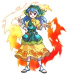  1girl :d alphes_(style) apron arm_ribbon between_fingers blue_hair blue_ribbon chisel commentary_request dairi dress eyebrows_visible_through_hair fire flower full_body green_apron haniyasushin_keiki head_scarf highres jewelry long_hair looking_at_viewer magatama magatama_necklace necklace open_mouth parody pocket puffy_short_sleeves puffy_sleeves ribbon sandals short_sleeves smile solo standing style_parody tachi-e tools touhou transparent_background violet_eyes yellow_dress 