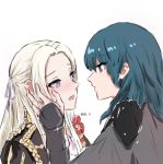  2girls blonde_hair blue_eyes blush byleth_(fire_emblem) byleth_eisner_(female) cape couple edelgard_von_hresvelg emika_(ww66229393) fire_emblem fire_emblem:_three_houses garreg_mach_monastery_uniform hair_ribbon lavender_eyes long_hair medium_hair multiple_girls red_cape ribbon simple_background wicker_basket yuri 