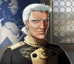  1boy banner ciuchiban dark_skin dark_skinned_male dedue_molinaro english_commentary fire_emblem fire_emblem:_three_houses garreg_mach_monastery_uniform green_eyes indoors looking_at_viewer male_focus portrait solo uniform white_hair window 