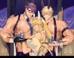  1girl 2boys artoria_pendragon_(all) artoria_pendragon_(swimsuit_ruler)_(fate) black_gloves black_pants blue_eyes blue_neckwear boy_sandwich bunny_boy bunny_girl bunnysuit chippendales fate/grand_order fate_(series) gawain_(fate/extra) glasses gloves green_eyes hand_on_another&#039;s_chest height_difference highres lancelot_(fate/grand_order) leotard long_hair looking_at_viewer multiple_boys muscle nari_(kal_brot) necktie nipples pants poker_chip ponytail sandwiched shirtless suspenders tray violet_eyes white_gloves white_leotard 