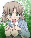  1girl @_@ aki_(girls_und_panzer) bangs blue_shirt blush commentary embarrassed eyebrows_visible_through_hair girls_und_panzer gofu green_eyes grey_legwear hair_tie hands_on_own_knees keizoku_school_uniform light_brown_hair long_hair long_sleeves looking_at_viewer outdoors plant school_uniform shirt shoes short_hair short_twintails squatting striped striped_shirt tearing_up twintails vertical-striped_shirt vertical_stripes white_background 