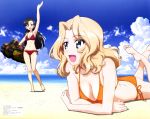  2girls :d absurdres arm_up armpits asymmetrical_bangs bangs bare_shoulders beach bikini black_hair blonde_hair blue_eyes blunt_bangs blush breasts brown_eyes clouds collarbone crossed_arms eyebrows_visible_through_hair feet girls_und_panzer highres horizon inflatable_toy itou_takeshi kay_(girls_und_panzer) large_breasts long_hair lying magazine_scan mc_axis medium_breasts multiple_girls navel nishi_kinuyo ocean official_art on_stomach open_mouth orange_bikini parted_bangs red_bikini scan side-tie_bikini sky smile standing swimsuit waving 