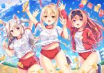  3girls :d animal_ear_fluff animal_ears arm_up ayanami_(azur_lane) azur_lane balloon bangs black_footwear black_legwear blonde_hair blue_sky blush breasts brown_eyes buruma closed_mouth clouds commentary_request day eyebrows_visible_through_hair ginkgo ginkgo_leaf gym_shirt gym_shorts gym_uniform hair_between_eyes headgear high_ponytail highres holding jacket kneehighs light_brown_hair long_hair long_sleeves medium_breasts multiple_girls name_tag navel open_clothes open_jacket open_mouth outdoors outstretched_arm pink_hair ponytail red_buruma red_jacket red_shorts relay_baton round_teeth shirt shoes short_eyebrows short_shorts short_sleeves shorts sky sleeves_past_wrists smile standing standing_on_one_leg stanly_(azur_lane) string_of_flags tail teeth thick_eyebrows track_jacket umitonakai upper_teeth very_long_hair violet_eyes white_footwear white_shirt wolf_ears wolf_girl wolf_tail yuudachi_(azur_lane) 