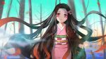 1girl asanogawa_(tutufcc) bangs bare_tree black_hair blue_sky blurry blurry_background brown_eyes checkered commentary_request day depth_of_field fingernails floating_hair forehead gradient_hair hair_ribbon highres japanese_clothes kamado_nezuko kimetsu_no_yaiba kimono long_hair long_sleeves looking_at_viewer multicolored_hair obi outdoors parted_bangs pink_kimono pink_ribbon ribbon sash sky sleeves_past_wrists solo standing tree upper_body very_long_hair violet_eyes wide_sleeves 