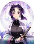  1girl absurdres arl black_hair blush bug butterfly butterfly_hair_ornament flower gradient_hair hair_ornament haori highres huge_filesize insect japanese_clothes kimetsu_no_yaiba kochou_shinobu looking_at_viewer multicolored_hair simple_background smile solo sword uniform violet_eyes weapon wisteria 