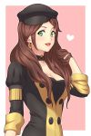  1girl beret brown_hair collar cute dorothea_arnault earring_removed fire_emblem fire_emblem:_three_houses fire_emblem:_three_houses fire_emblem_16 green_eyes hand_in_hair hat highres intelligent_systems long_hair looking_at_viewer moe nintendo rere_(yusuke) smile solo uniform 