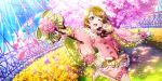  1girl :d artist_request boots bow bowtie brown_hair cherry_blossoms day double-breasted falling_petals floral_print flower grass green_bow greenhouse hair_flower hair_ornament high_heel_boots high_heels highres holding holding_flower holding_scepter koizumi_hanayo light_rays long_sleeves love_live! love_live!_school_idol_festival_all_stars love_live!_school_idol_project official_art one_eye_closed open_mouth outstretched_arm petals rainbow scepter short_hair smile solo standing standing_on_one_leg striped striped_bow sunlight thigh-highs thigh_boots violet_eyes white_footwear wide_sleeves zettai_ryouiki 