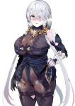  1girl armor atelier_(series) atelier_ryza bare_shoulders blush bodysuit breasts closed_mouth cowboy_shot fur_collar hair_ornament hair_over_one_eye hairclip hand_on_hip iku_(ikuchan_kaoru) large_breasts lila_decyrus long_hair looking_at_viewer low_twintails parted_lips silver_hair simple_background solo twintails very_long_hair violet_eyes white_background 