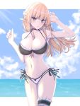  1girl bangs bare_arms bare_shoulders beach black_bikini_top blonde_hair blue_eyes blush braid breasts collarbone commentary_request day elf elfenlied22 hair_between_breasts highres large_breasts navel original outdoors pointy_ears thigh_strap white_bikini_bottom 
