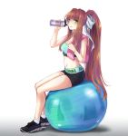  1girl ball bangs black_footwear black_shorts bottle bow breasts brown_hair commentary doki_doki_literature_club exercise_ball eyebrows_visible_through_hair green_eyes hair_ribbon long_hair looking_at_viewer monika_(doki_doki_literature_club) ponytail ribbon short_shorts shorts sitting smile solo takuyarawr very_long_hair water_bottle white_ribbon 