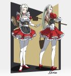  1girl absurdres alternate_costume angry apron ass back blonde_hair blue_eyes blush breasts dress edelgard_von_hresvelg embarrassed enmaided fire_emblem fire_emblem:_three_houses frills full_body gloves hair_ornament hair_ribbon highres long_hair looking_at_viewer maid maid_apron maid_headdress multiple_girls pantyhose puffy_short_sleeves puffy_sleeves ribbon shimizukazunari short_sleeves silver_hair simple_background solo thigh-highs tray uniform white_apron white_legwear 