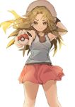  1girl adjusting_headwear ankea_(a-ramo-do) arms_up bangs bare_shoulders blue_(pokemon) blue_shirt breasts brown_eyes brown_hair closed_mouth hair_intakes happy highres holding holding_poke_ball long_hair looking_at_viewer miniskirt outstretched_arm poke_ball poke_ball_(generic) pokemon pokemon_(game) pokemon_frlg red_skirt shiny shiny_hair shirt simple_background sketch skirt sleeveless sleeveless_shirt small_breasts smile solo standing white_background white_headwear wristband 