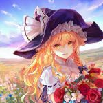  1girl bangs black_headwear black_ribbon blonde_hair blue_sky bouquet braid clouds commentary day eyebrows_visible_through_hair field flower flower_field frilled_sleeves frills hair_between_eyes hair_ribbon hat highres kirisame_marisa long_hair looking_at_viewer open_mouth outdoors ribbon short_sleeves sidelocks single_braid sky smile solo tocope touhou wavy_hair witch_hat yellow_eyes 