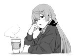  1girl akashi_(kantai_collection) alternate_costume bangs coffee cup disposable_cup fujinoki_(horonabe-ken) greyscale hair_ribbon kantai_collection long_hair long_sleeves looking_at_viewer monochrome nail_polish open_mouth ribbon simple_background solo steam sweater swept_bangs tress_ribbon tumbler upper_body 