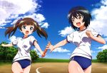  2girls :d absurdres bangs bare_legs baton black_hair bloomers blue_bloomers blue_eyes blue_sky brave_witches brown_eyes brown_hair clenched_hand clouds georgette_lemare grass gym_shirt gym_uniform hair_ribbon highres holding itoi_megumi multiple_girls official_art open_hand open_mouth outdoors ribbon shimohara_sadako shirt sky smile sparkle track track_and_field tree twintails underwear white_shirt world_witches_series 