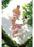  1girl animal_ear_fluff animal_ears bare_shoulders bey_(bey01st) blonde_hair bow bowtie branch closed_eyes commentary_request elbow_gloves extra_ears fang gloves high-waist_skirt jumping kemono_friends open_mouth print_gloves print_legwear print_neckwear print_skirt serval_(kemono_friends) serval_ears serval_print serval_tail shirt short_hair skirt sleeveless solo tail thigh-highs tree white_shirt zettai_ryouiki 