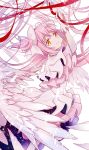 1girl angel_wings arms_up ayumaru_(art_of_life) blush choker closed_mouth dress eyebrows_visible_through_hair feathered_wings feathers frilled_dress frills gloves goddess_madoka hair_ribbon happy head_tilt highres kaname_madoka light_particles long_dress long_hair looking_at_viewer mahou_shoujo_madoka_magica pink_dress pink_hair pink_theme ribbon simple_background smile solo sparkle streamers two_side_up very_long_hair white_background white_choker white_gloves white_neckwear white_ribbon wide_sleeves wings yellow_eyes 