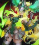  1girl akatsuki_kirika alternate_hair_length alternate_hairstyle breasts covered_navel elbow_gloves gloves glowing glowing_hair gradient_hair green_eyes green_hair green_leotard head_wings highres leotard long_hair looking_at_viewer medium_breasts multicolored_hair senki_zesshou_symphogear skirt smile solo striped striped_legwear visqi white_gloves 