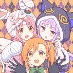  3girls akane_mimi alternate_costume animal_hat brown_eyes commentary_request earmuffs gloves gucchiann hat highres hikawa_kyoka hodaka_misogi looking_at_viewer multiple_girls open_mouth orange_hair patterned_background pink_hair pointy_ears portrait princess_connect! princess_connect!_re:dive purple_hair ribbon side_ponytail 