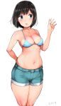  1girl 2019 arm_behind_back bangs bikini_top black_hair blue_eyes blush breasts character_request collarbone copyright_request dot_nose eyebrows_visible_through_hair highres kumaneko looking_to_the_side medium_breasts medium_hair navel parted_lips ribs shorts solo standing tareme waving white_background 