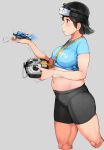 1girl belly bike_shorts black_hair blush breasts character_request controller copyright_request drone eyebrows_visible_through_hair grey_background hair_between_eyes headgear highres holding kumaneko medium_breasts medium_hair midriff navel parted_lips plump quadcopter remote_control shirt solo t-shirt tareme tied_shirt walking watch watch 