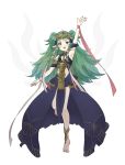  1girl barefoot braid deeee07 fire_emblem fire_emblem:_three_houses full_body green_eyes green_hair highres long_hair open_mouth pointy_ears solo sothis_(fire_emblem) teeth tiara twin_braids twintails white_background 