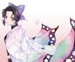  1girl artist_request black_hair bug butterfly butterfly_hair_ornament gradient_hair hair_ornament haori insect japanese_clothes kimetsu_no_yaiba kochou_shinobu lips looking_at_viewer multicolored_hair sidelocks simple_background smile solo upper_body violet_eyes 