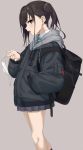  1girl backpack bag black_hair brown_eyes collared_shirt eyebrows_visible_through_hair feet_out_of_frame green_neckwear hand_in_pocket highres hood hood_down hooded_jacket idolmaster idolmaster_cinderella_girls jacket long_hair looking_at_viewer mask mask_removed mole mole_under_eye open_mouth pleated_skirt profile sharp_teeth shirt simple_background skirt solo striped striped_neckwear sunazuka_akira surgical_mask teeth twintails wotori 