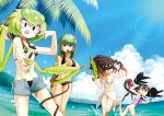  4girls absurdres beach bikini bug camouflage camouflage_bikini day eating evolvingmonkey extra_eyes food grasshopper grasshopper_inoue green_hair highres huge_filesize ice_cream insect insect_girl mantis_akiyama monster_girl multiple_girls original outdoors palm_tree parasite personification popsicle praying_mantis sarong scorpion scorpion_girl scorpion_tsuchida sharp_teeth short_shorts shorts sky spider_girl spider_itou splashing swimsuit teeth tree water_gun watermelon_bar worms 