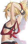  1girl back bangs bare_shoulders black_bra black_gloves blonde_hair bra braid breasts closed_mouth fang fate/apocrypha fate_(series) fingerless_gloves french_braid gloves green_eyes hair_ornament hair_scrunchie highres long_hair looking_at_viewer looking_back mordred_(fate) mordred_(fate)_(all) parted_bangs ponytail scrunchie sidelocks simple_background small_breasts solo sports_bra tonee underwear white_background 