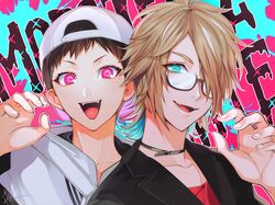  2boys anjou_(mzm) backwards_hat baseball_cap black_hair black_jacket blue_eyes brown_hair choker claw_pose collarbone commentary copyright_name fangs glasses hair_over_one_eye hat jacket kousaka_(mzm) looking_at_viewer male_focus matsurika_youko monsterz_mate multiple_boys red_shirt semi-rimless_eyewear shirt smile under-rim_eyewear upper_body violet_eyes virtual_youtuber white_headwear white_hoodie 