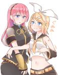  2girls amulet arm_warmers armband asymmetrical_sleeves bangs bare_shoulders belt black_shirt black_shorts black_skirt blonde_hair blue_eyes blush bow breast_envy breast_hold breasts commentary crop_top detached_sleeves gold_trim hair_bow hairband highres kagamine_rin long_hair looking_at_another medium_breasts megurine_luka midriff multiple_girls navel neckerchief parted_lips pink_hair see-through see-through_sleeves shirt short_hair shorts shoulder_tattoo skirt sleeveless sleeveless_shirt small_breasts stomach straight_hair sweatdrop swept_bangs tatibanamarin tattoo translated upper_body violet_eyes vocaloid white_background white_bow white_shirt yellow_neckwear 