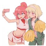  1boy 1girl aina_ardebit blue_eyes cellphone cheerleader green_hair headband jacket lio_fotia midriff navel open_mouth phone pink_hair pom_poms promare short_hair side_ponytail skirt smartphone smile soto taking_picture track_suit violet_eyes 