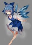  1girl bangs barefoot blue_bow blue_eyes blue_hair blue_skirt blue_vest blush bow breasts cirno commentary_request eyebrows_visible_through_hair grey_background hair_between_eyes hair_bow hide448 highres ice ice_wings leaning_forward light_particles looking_at_viewer miniskirt neck_ribbon puffy_short_sleeves puffy_sleeves red_neckwear red_ribbon ribbon shirt short_hair short_sleeves simple_background skirt skirt_set small_breasts smile solo touhou vest white_shirt wings 