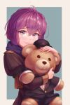  1girl awan0918 bernadetta_von_varley blue_background closed_mouth epaulettes fire_emblem fire_emblem:_three_houses garreg_mach_monastery_uniform grey_eyes highres holding holding_stuffed_animal hood hood_down long_sleeves purple_hair short_hair simple_background smile solo stuffed_animal stuffed_toy teddy_bear uniform upper_body 