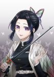  1girl absurdres black_hair bug butterfly butterfly_hair_ornament hair_ornament haori highres holding holding_sword holding_weapon insect japanese_clothes kimetsu_no_yaiba kochou_shinobu lips looking_at_viewer puluo_fengmi_dangao sidelocks smile solo sword uniform upper_body violet_eyes weapon 