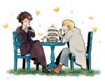  2girls bakery black_hair blonde_hair bug butterfly chair cup doctor_who eating gothic hat hood hoodie insect missy_(doctor_who) multiple_girls shop table teapot the_doctor the_master_(doctor_who) thirteenth_doctor 