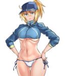  1girl artoria_pendragon_(all) ass_visible_through_thighs bangs baseball_cap bikini blonde_hair blue_headwear blush breasts commentary_request cowboy_shot depo_(typebaby505) fate/grand_order fate_(series) frown groin hair_through_headwear hands_on_hips hat long_sleeves looking_at_viewer medium_breasts medium_hair mysterious_heroine_xx_(foreigner) navel parted_lips shrug_(clothing) side-tie_bikini simple_background solo standing sweatdrop swimsuit thigh_gap thighs under_boob wet white_background white_bikini zipper_pull_tab 