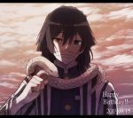  1boy bandages black_hair clouds dated haori happy_birthday heterochromia iguro_obanai japanese_clothes kimetsu_no_yaiba looking_at_viewer male_focus mask ringomaru simple_background snake solo upper_body 