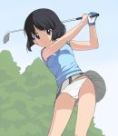 1girl a1 ass_visible_through_thighs bangs black_eyes black_hair blue_gloves blue_shirt blue_sky blunt_bangs bob_cut bow bow_panties casual clear_sky closed_mouth commentary_request crotch_seam day eyebrows_visible_through_hair frown girls_und_panzer gloves golf golf_club grey_skirt holding holding_golf_club leaning_to_the_side miniskirt outdoors panties pantyshot pantyshot_(standing) pleated_skirt shirt short_hair single_glove skirt sky sleeveless sleeveless_shirt solo sono_midoriko standing underwear v-neck wind wind_lift 