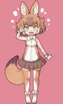  1girl animal_ear_fluff animal_ears bare_shoulders boots bow bowtie brown_hair commentary_request dhole_(kemono_friends) dog_ears dog_tail extra_ears eyebrows_visible_through_hair fangs full_body fur_collar glove_bow gloves grey_skirt hair_between_eyes highres kemono_friends kolshica light_brown_hair light_brown_legwear light_brown_shirt multicolored_hair open_mouth pleated_skirt salute shirt shoe_bow shoes sidelocks skirt sleeveless smile solo tail thigh-highs two-tone_legwear two-tone_shirt white_gloves white_hair white_legwear white_neckwear white_shirt yellow_eyes zettai_ryouiki 