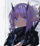  1girl arknights breath copyright_name hair_bun hibiscus_(arknights) horns jacket kky looking_at_viewer pointy_ears purple_hair scarf solo twitter_username upper_body violet_eyes 