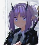  1girl arknights copyright_name hair_bun hibiscus_(arknights) horns jacket kky looking_at_viewer necktie pointy_ears purple_hair smile solo twitter_username upper_body violet_eyes 