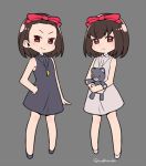  2girls aki_(persona) arm_at_side atlus bangs bare_arms brown_eyes brown_hair closed_mouth collared_dress cute do_m_kaeru dress eyebrows_visible_through_hair full_body grey_background grey_dress hair_ribbon hand_on_hip holding holding_stuffed_animal jewelry looking_at_viewer mai_(persona) medium_hair megami_tensei moe mole mole_under_mouth multiple_girls pendant persona persona_1 red_ribbon ribbon sad siblings simple_background sisters sleeveless sleeveless_dress smile stuffed_animal stuffed_toy teddy_bear twins twitter_username wing_collar 