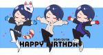  1boy black_jacket black_pants blue_background blue_eyes blue_gloves blue_shirt chibi closed_mouth do_m_kaeru eyebrows_visible_through_hair fingerless_gloves fox_mask gloves happy_birthday jacket kitagawa_yuusuke long_sleeves male_focus mask mask_on_head multiple_views pants persona persona_5 persona_5:_dancing_star_night persona_dancing puffy_long_sleeves puffy_sleeves red_gloves shirt smile tail twitter_username variations white_footwear white_shirt 