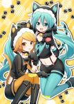  2girls :3 animal_ears animal_hood aqua_eyes aqua_hair aqua_neckwear black_jacket black_neckwear black_ribbon black_shorts blonde_hair blush cat_ears cat_paws cat_tail commentary crop_top fish fur-trimmed_hood green_ponpoko_(module) hair_ribbon hands_up hatsune_miku heart hood jacket kagamine_rin kneehighs kneeling knees_up kunoichi_demo_koi_ga_shitai_(vocaloid) long_hair multiple_girls neckerchief necktie open_mouth orange_eyes orange_konkon_(module) orange_neckwear pantyhose paw_pose paw_print paws project_diva_(series) ribbon short_hair short_shorts shorts sitting skirt smile striped striped_neckwear sudachi_(calendar) suspender_skirt suspenders tail tongue tongue_out twintails two-tone_neckwear v-shaped_eyebrows very_long_hair vocaloid yellow_background zipper 