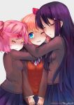  3girls bangs blue_eyes blue_skirt blush breasts brown_hair brown_jacket closed_eyes commentary doki_doki_literature_club double_bun hair_between_eyes hair_bun hair_ornament hairclip hug jacket large_breasts long_hair long_sleeves medium_breasts medium_hair multiple_girls natsuki_(doki_doki_literature_club) one_eye_closed open_mouth pink_hair red_ribbon ribbon sayori_(doki_doki_literature_club) shirt skirt takuyarawr white_shirt yuri_(doki_doki_literature_club) 