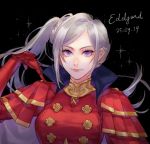  1girl armor blonde_hair blue_eyes blush cape edelgard_von_hresvelg fire_emblem fire_emblem:_three_houses gloves hair_ornament long_hair looking_at_viewer ponytail red_cape sea_(azure_pastel) side_ponytail simple_background smile solo 
