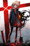  1girl alternate_costume blonde_hair blood blood_on_face bloody_clothes bloody_weapon commentary darkness full_body head_tilt highres kky leggings looking_at_viewer neck_ribbon red_eyes red_ribbon ribbon rumia short_hair shovel solo standing touhou twitter_username weapon 